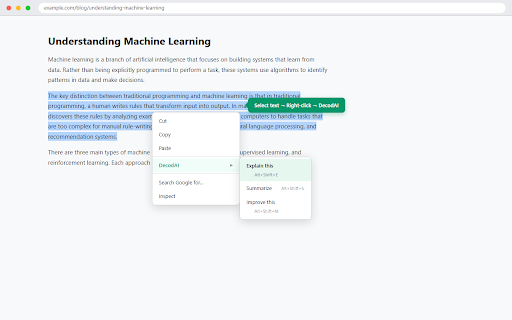 DecodAI — Instant AI Text Assistant :: Highlight text, right-click, and decode it with AI — get instant explanations, summaries, and rewrites using your own API keys