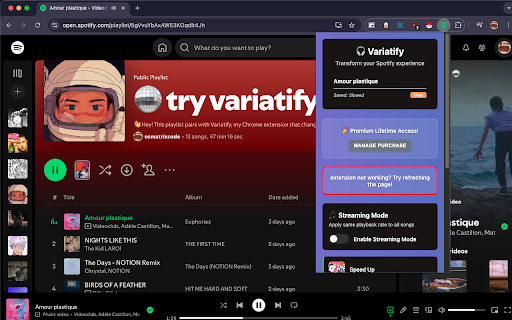 Variatify - Spotify Extension that remembers how fast you like each song. :: With Variatify, you can speed up or slow down any Spotify song — and it’ll remember your settings next time you play it.