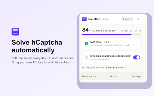 NoneCap — hCaptcha Auto Solver :: Automatically solves hCaptcha challenges in your browser using the NoneCap API.