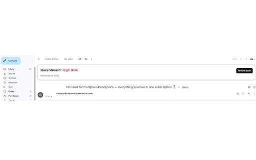 RavenGuard - Scam Email Protection :: Detects scam emails in Gmail and lets you safely check suspicious messages with a trusted contact before taking action.