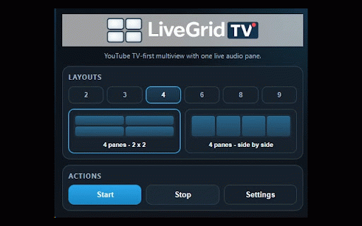 LiveGrid TV Multiview :: Split YouTube TV into a multiview grid of panes with single-pane audio focus.