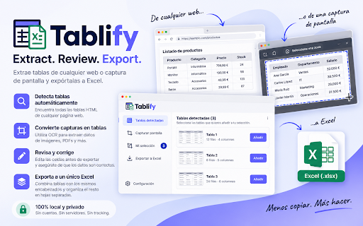 Tablify — Extract. Review. Export. :: Detecta tablas en cualquier página, selecciónalas y expórtalas a Excel. Incluye captura de pantalla con recorte y OCR.