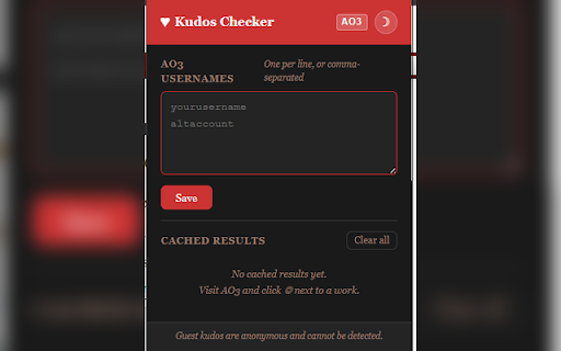 AO3 Kudos Checker :: Check whether you've left kudos on AO3 works — even while logged out.(Need to log in to view locked fics though)