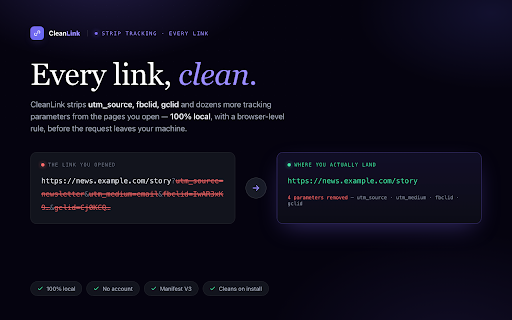 CleanLink · Remove Tracking Parameters From Every Link :: Strips utm_source, fbclid, gclid and other tracking params from every link automatically.