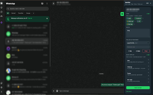 WaCRM — Tags, Notes & Follow-ups for WhatsApp :: Lightweight CRM for WhatsApp Web: tags, notes, follow-up reminders, quick replies, and CSV export.