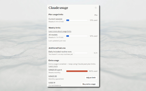 Claude Usage Meter :: Shows your remaining Claude subscription usage (5-hour session, weekly, routines, extra usage) in the toolbar.