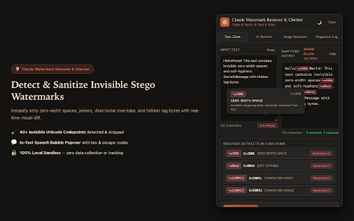 Claude Watermark Remover & Checker :: Inspect & sanitize invisible Unicode watermarks, C2PA metadata credentials, and statistical AI markers.