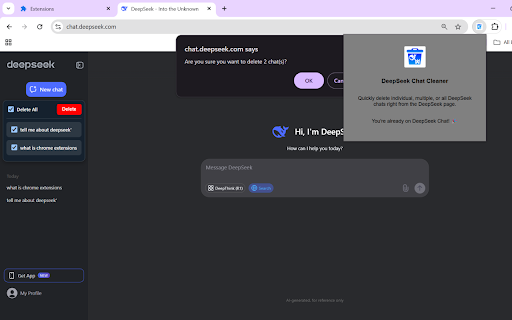 DeepSeek Chat Cleaner :: Install this extension to quickly delete individual, multiple, or all DeepSeek chats right from the DeepSeek page.