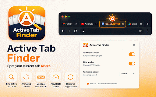 Active Tab Finder :: Find the active tab fast with an animated favicon for crowded browser windows and many open tabs.