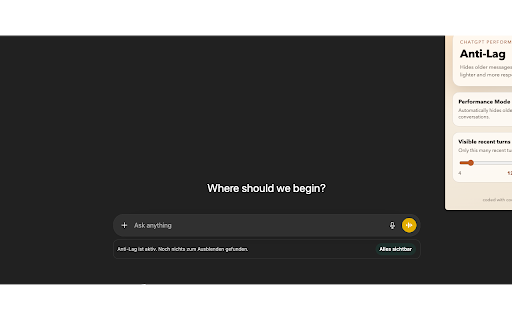 ChatGPT Anti-Lag :: Keeps long ChatGPT threads responsive by hiding older turns and reducing page work.