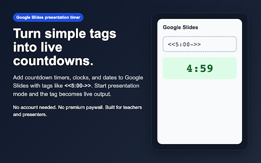 Slides Timer for Google Slides :: Add countdown timers, stopwatches, clocks, and dates to Google Slides. No account needed and no premium paywall.