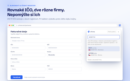 eFirma - vyplniť údaje o firme :: Nájdite firmu a presuňte jej IČO, IČ DPH, názov a adresu priamo do formulára na akejkoľvek stránke.