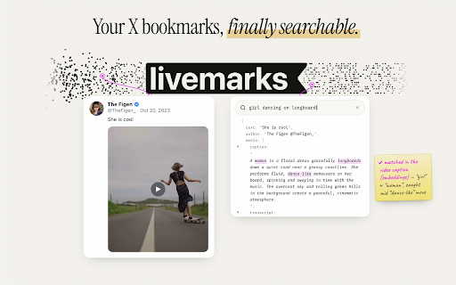 Livemarks :: Livemarks turns your X bookmarks into a searchable, private library.
Bookmark something on X, then actually find it again — search…
