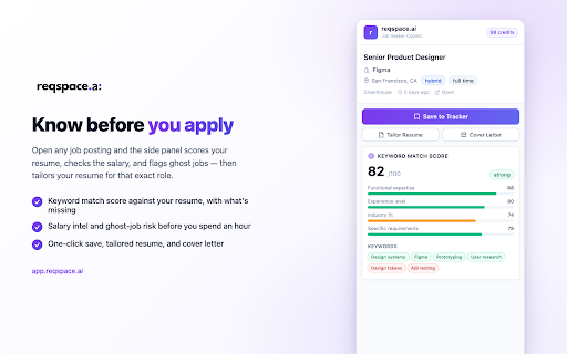 reqspace.ai - Job Seeker Copilot :: Save jobs, score match, detect ghost postings, see salary intel, and tailor your resume on any job page.
