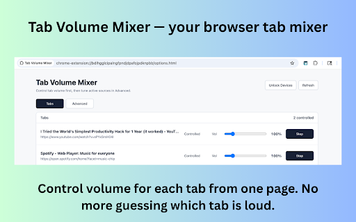 Tab Volume Mixer :: Control the playback volume of multiple browser tabs from one options page.