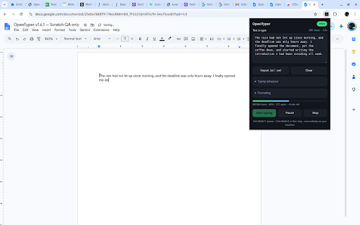 OpenTyper — Free Auto Typer for Docs, Slides & Word :: Types your draft into Google Docs, Slides, Word or any text box at human speed. Free, no account, nothing leaves your browser.