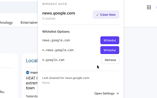 Wipeout Auto :: Auto-clear cookies, storage, cache, and history when you leave a site. Whitelist domains to stay logged in.