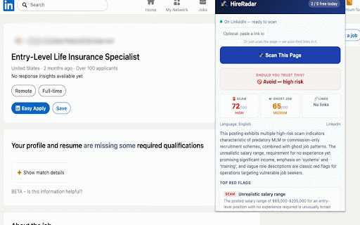 HireRadar – AI Job Scam & Ghost Job Detector :: Spot job scams, ghost jobs, and dangerous links instantly. AI-powered analysis on LinkedIn, Indeed, WhatsApp, and more.