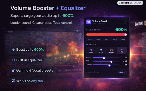Volume Booster - Audio Amplifier :: Supercharge your browser audio up to 600% with deep bass enhancement and EQ presets. Perfect for YouTube, Twitch, Netflix & more.
