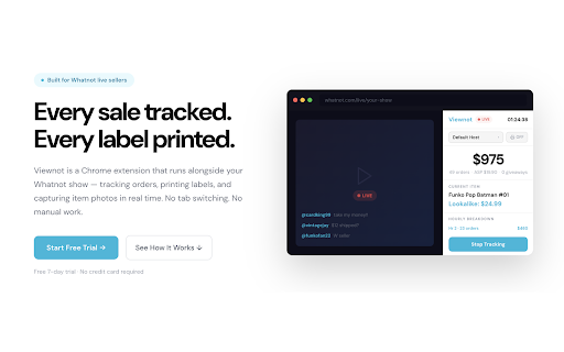 Viewnot for Whatnot :: Real-time live show analytics for Whatnot sellers. Track orders, revenue, units, and average selling price per hour — live.