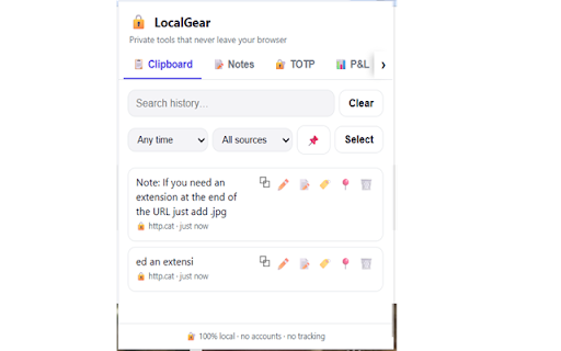 LocalGear — Private Clipboard, Notes, 2FA & Focus :: Private clipboard, encrypted notes, TOTP 2FA, P&L scenarios & a Pomodoro focus blocker — all local, nothing leaves your browser.