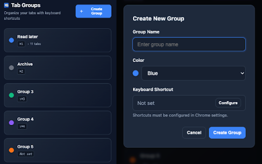 Tab to Group :: Move current tab into one of 5 configurable tab groups using keyboard shortcuts.