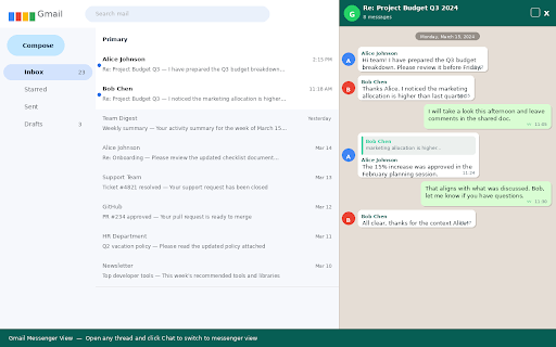 Gmail Messenger View :: Transforms Gmail email threads into a messenger-style chat view. Read long conversations the way you read a chat.