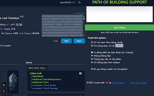 Path Of Building Support :: Extension helps optimize and support users in buying and selling items by scanning items in PoB.