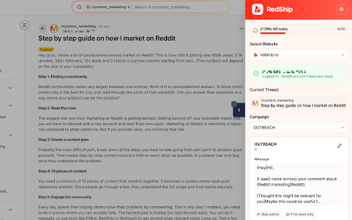 RedShip — Reddit DM Campaigns :: Automate your Reddit messaging outreach. Send personalized DMs at scale, manage campaigns, and keep track of every conversation.