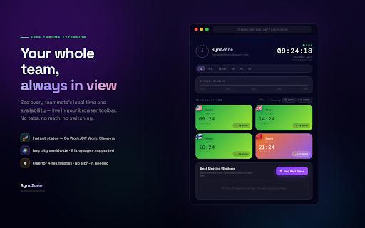 SyncZone — World Time Clock :: Free world time clock & meeting planner for remote teams. See who's online across all time zones, find the best meeting window.