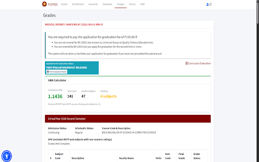 PUPSIS GWA Calculator :: Calculates your cumulative GWA from the PUPSIS grades page, excluding PATHFIT and CWTS courses.
