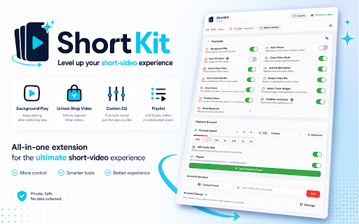 ShortKit – Level up your short-video experience :: Background play, speed, EQ, volume boost, rotate, zoom, shop unlocker, video/subtitle/live & bulk download, playlists & cleanup.