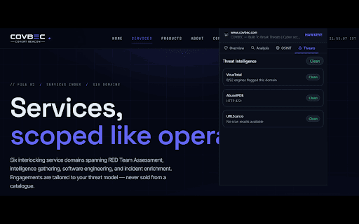 HAWKEYE Intelligence Assistant :: Investigate. Analyze. Detect. — A browser-based cybersecurity and OSINT intelligence extension by COVBEC.