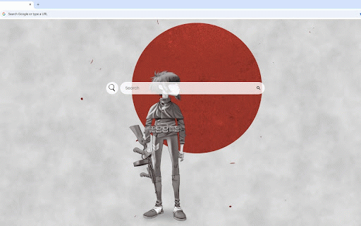 Gorillaz Noodle Live Wallpaper :: Anime warrior character in monochrome with iconic red sun and floating petals backdrop.