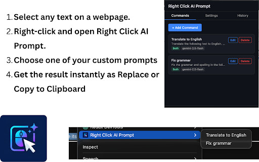 Right Click AI Prompt :: Run AI prompts from right-click menu. Transform selected text with Gemini, OpenAI, or Anthropic. Replace or copy output.