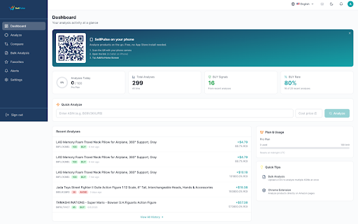SellPulse - Amazon FBA & Walmart Profit Analyzer :: Instantly analyze any Amazon or Walmart product. Get profit, ROI, score, and BUY/HOLD/AVOID recommendations.