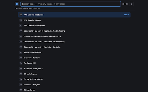 Okta App Launcher (wide) :: Full-width, fuzzy-searchable list of your assigned Okta apps — full names, no truncation. Configurable Okta domain.