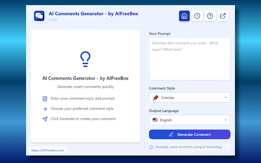 AI Comments Generator - by AIFreeBox :: Generate smart comments with AI. Turn ideas into engaging comments in seconds. Write and expand directly in your browser.
