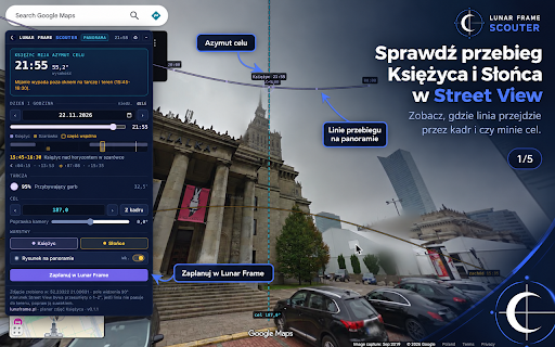 Lunar Frame Scouter – Moon & Sun shot planner :: The Moon and Sun path on Google maps and panoramas. Judge an unfamiliar spot before you drive out.
