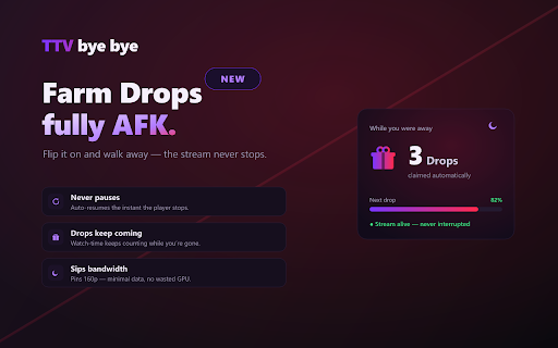 TTV bye bye :: Removes live video ads (pre-roll + mid-roll) on Twitch with no black screen.