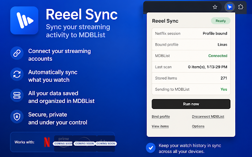 Reeel Sync :: Automatically sync your Netflix viewing activity to your MDBList watch history.