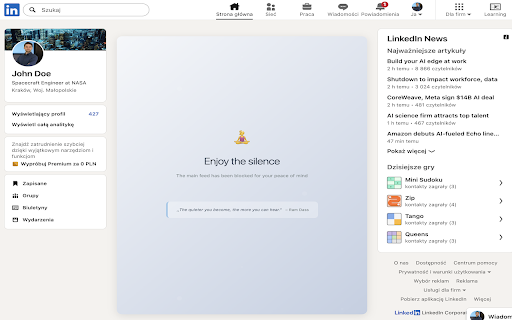LinkedIn Feed Blocker :: Blokuje główny kanał LinkedIn i zastępuje go spokojnym komunikatem