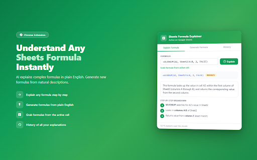 Sheets Formula Explainer :: Understand any Google Sheets formula instantly. AI explains formulas in plain English and generates new ones from descriptions.