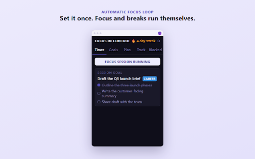 LocusInControl: Goal-Oriented Focus Timer :: Focus timer for easily distracted minds — automatic Pomodoro loops, goal tracking, and site blocking.