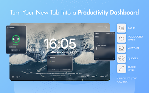 BaseTab - Productive New Tab :: Transform your new tab into a beautiful productivity dashboard with tasks, Pomodoro timer, weather, quotes & stunning backgrounds.