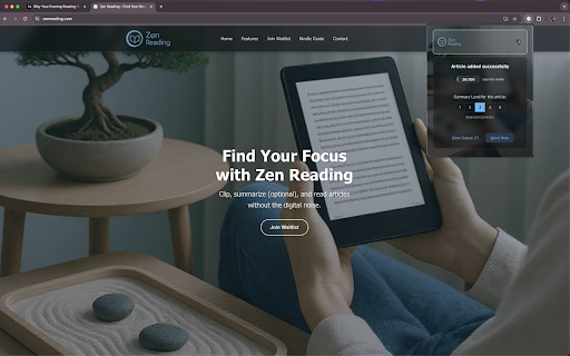 Zen Reading - Send to Kindle (Smart AI Summarization) :: 📚 Clip articles & YouTube with one click, get AI summaries at five levels, delivered ad‑free to Kindle or Google Drive.