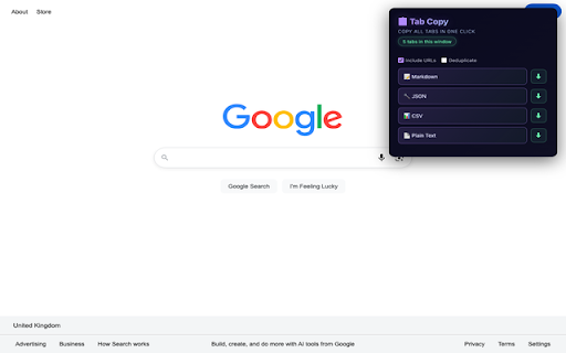 Tab Copy :: Copy all open tab titles and URLs to clipboard in one click — Markdown, JSON, CSV, or plain text.