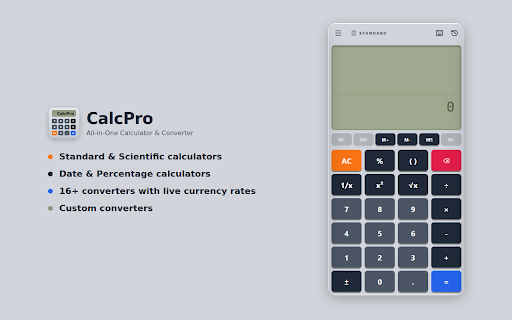 CalcPro: All-in-One Calculator & Converter :: Standard, scientific, date, and percentage calculators with 16+ converters, live currency rates, and custom converters.