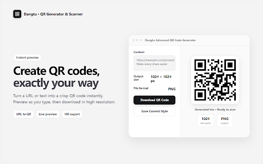 Dangtu - QR Code Generator & Scanner (Free) :: Free QR code generator & scanner. Create custom QR codes with logo, color, batch export, and URL to QR code. 100% private & local.
