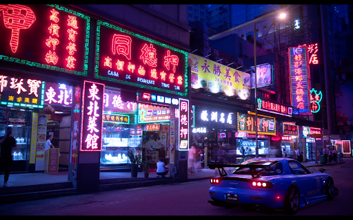 mazda rx 7 standing on the neon street :: Transform your new tab with a live HD wallpaper of a Mazda RX-7 illuminated by vibrant neon lights on a bustling street.